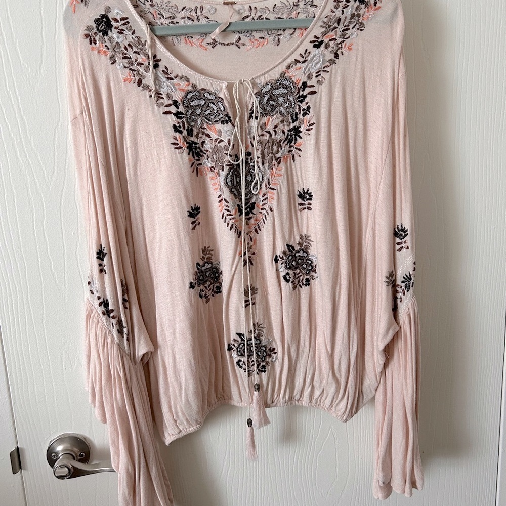 Free People Pink Blouse with Tie Front and Embellished Floral Details